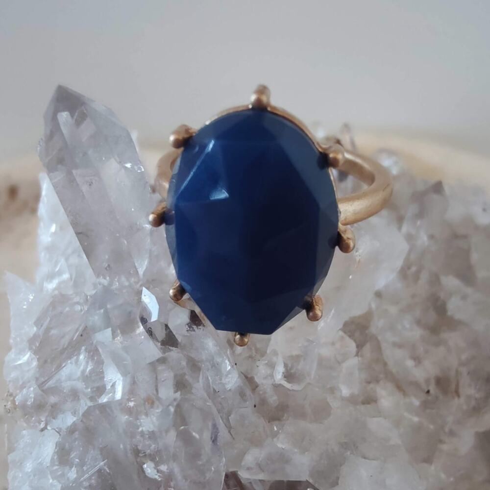 Gold Tone Blue Acrylic Statement Ring Size 9